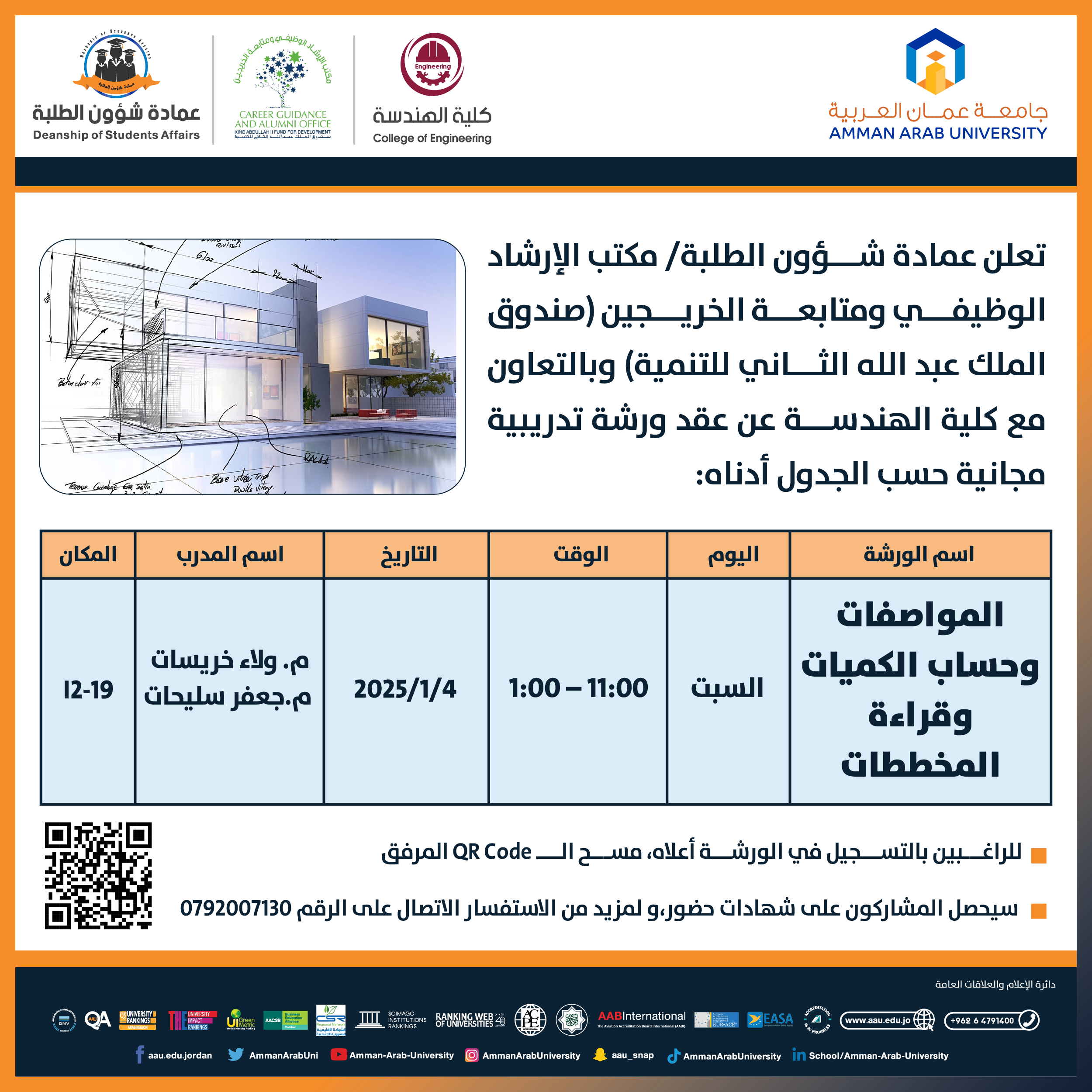 ورشة تدريبية بعنوان المواصفات وحساب الكميات وقراءة المخططات
